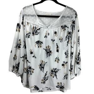 Melloday Women Plus Size 2X Cottage Core Floral White Eyelet Detail Flouncy Top